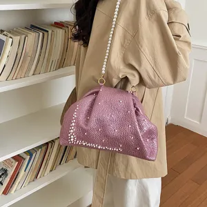 Fashion pearl shell bag evening shoulder crossbody bag with elegant pearl strap for women