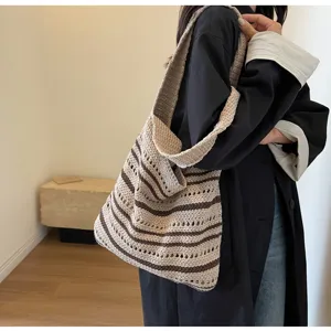 Crocheted striped tote bag, casual large capacity shoulder bag for women daily commute travel.