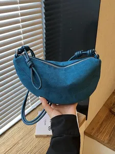 Sac portés épaule croissant en suédine bleu foncé pour femme, sac à main rétro noué.