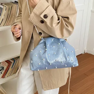 Blue pearl clutch bag for women, fashionable shoulder bag with elegant pleated design.