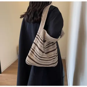 Knitted striped tote bag casual shoulder underarm bag large capacity fashion beach bag