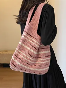 Stylish knitted striped tote bag for women, large capacity casual shoulder bag for daily wear.