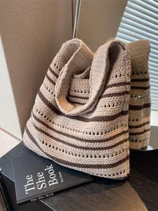 Stripe knit tote bag, large capacity casual beach shoulder bag for women autumn style.