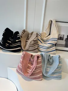 Casual knitted striped tote bag for women, large capacity shoulder bag for daily and beach vacation.
