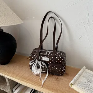 Sac à main marron à pois pour femme élégant sac porté épaule avec doubles anses tendance chic