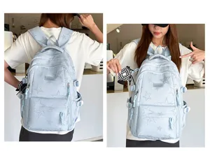 Zaino casual azzurro chiaro con stampa di stelle e scomparti multipli per viaggi e lavoro.