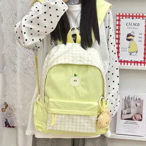 Sac à dos d'école à carreaux mignon avec broderie de pomme, sac de voyage léger pour étudiant.