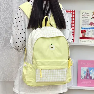 Sac à dos en toile brodé mignon style japonais cartable à carreaux jaunes quotidien.