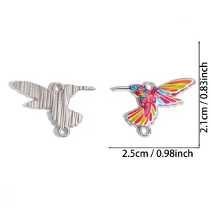 DIY hummingbird enamel metal charm pendant with double loops, colorful jewelry making supply.