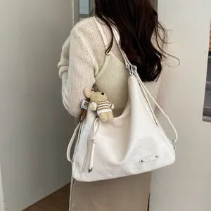 White soft leather hobo backpack multi-functional shoulder bag with cute bear pendant