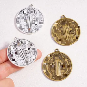 Vintage alloy Saint Benedict medal pendants, cross religious Catholic jewelry necklace charms.