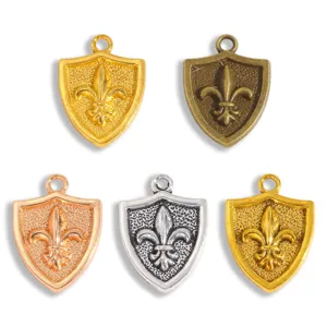 Vintage metal shield charms set for DIY jewelry making, ideal for handmade necklaces.