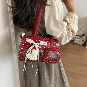 Sac à épaule à pois rouges, sac bandoulière tendance en cuir PU avec poches transparentes.