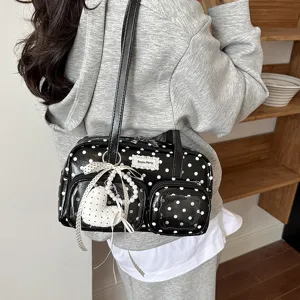 Chic black white polka dot shoulder bag, large capacity commute underarm bag with clear pocket.