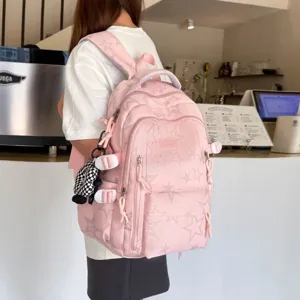 Zaino rosa con stampa di stelle e tasche multiple per la scuola e viaggi casual
