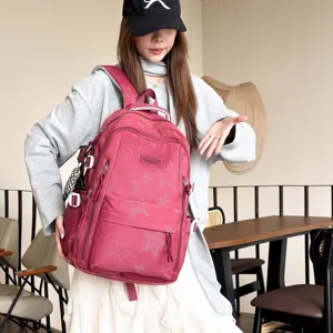 Zaino casual con stampa di stelle e molte tasche, grande capacità per viaggi e scuola.