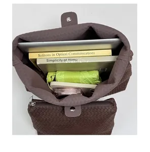 Dark brown woven leather tote bag, large capacity commuter shoulder bag for women daily use.