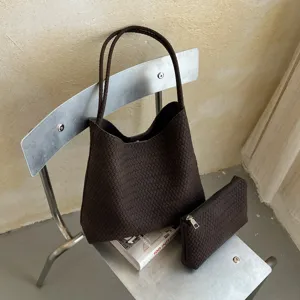 Dark brown woven tote bag set with matching clutch, elegant large capacity shoulder bag for women.