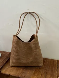 Large Braided Tote Bag For Women Retro Woven Faux Leather Shoulder Bag Spacious Commuter Handbag Elegant Classic Weave Pattern Purse