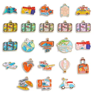 Detailed view of summer travel theme alloy enamel charms, ideal for DIY jewelry making.