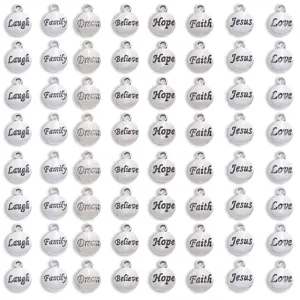 Vintage Alloy Round Word Plate Charms Antique Silver Engraved Believe Faith Dream Family Hope Jesus Laugh Love DIY Jewelry Findings For Bracelets Necklaces