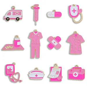 Cute pink medical enamel charms set, alloy DIY nurse themed pendants for necklaces and keychains.