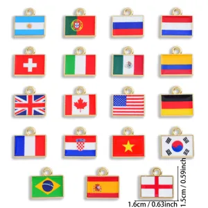 Close-up detail of square national flag oil-drop alloy charms, ideal for DIY jewelry making.