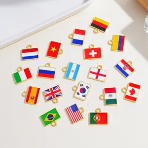 Detail view of various national flag enamel alloy charms, perfect for DIY jewelry and crafts.