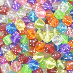 Colorful translucent acrylic dice beads bulk for DIY jewelry making, bracelets and crafts.