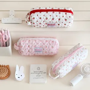 Cute quilted strawberry pencil case with aesthetic design for student stationery use