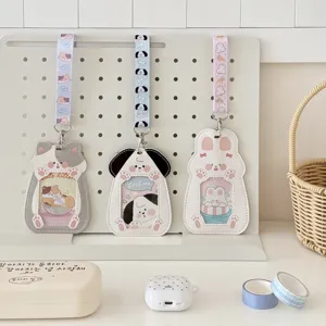 Cute animal PU card holder with lanyard for student ID and K-pop photocards detail view