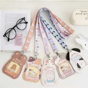 Cute ins style PU card holder with lanyard and animal pendants for student ID and cards.