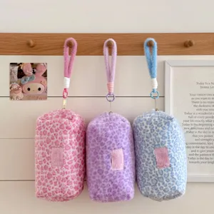 Plush leopard print pencil case with wrist strap, cute aesthetic large capacity storage bag.