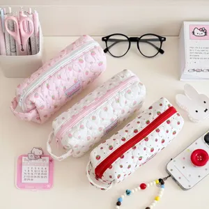 Cute quilted strawberry pencil case, soft aesthetic stationery pouch for students.