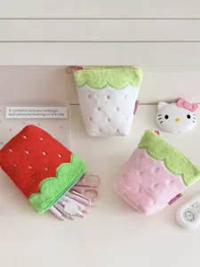 Cute plush strawberry pencil case large capacity soft stationery pouch for students aesthetic