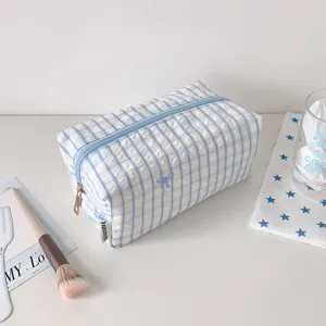 Blue and white plaid cosmetic bag, cute embroidered bow pencil case, large storage organizer.