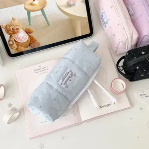 Ins Korean style star pencil case, large capacity canvas stationery storage bag for students.