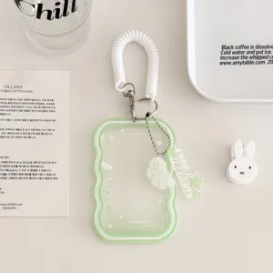 Transparent spring card holder with cute angel wing pendant student ID card protector cover