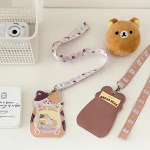 Cute Cartoon PU Leather Card Holder With Lanyard Ins Style Animal Shape Photo Protector Case For Students Everyday Use
