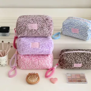 Plush leopard print pencil case, cute large capacity travel makeup and stationery storage bag.
