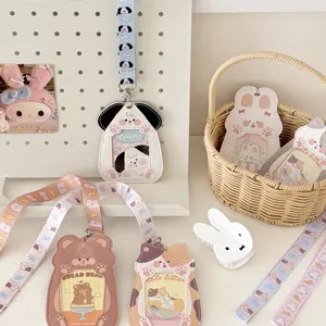 Cute animal PU card holder with lanyard, ins style student meal card protector ID badge