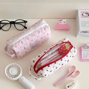 Ins Korean Cream Strawberry Quilted Pencil Case Large Capacity Plush Stationery Box Pen Case For School Girls Student Gift