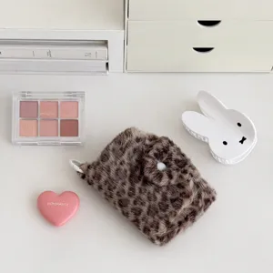 Korean plush leopard print coin purse, portable card holder, mini snap earphone pouch