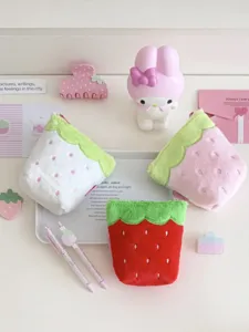 Cute strawberry plush pencil pouch detail view, kawaii stationery storage bag for students.