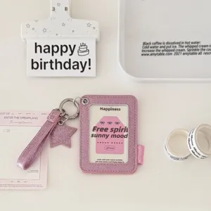 Pink glitter PU photocard holder with star pendant and wrist strap for ID or idol cards.