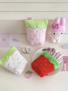 Pink plush strawberry standing pencil pouch cute large capacity stationery storage case