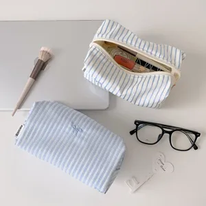 Blue and white striped canvas pencil pouch with cute bow embroidery, large storage bag.
