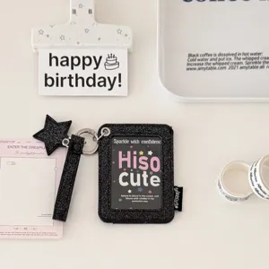 Korean style black glitter PU photocard holder with star pendant, chic ID card sleeve.