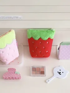 Cute strawberry plush pencil case and sweet aesthetic desktop stationery storage bag set.