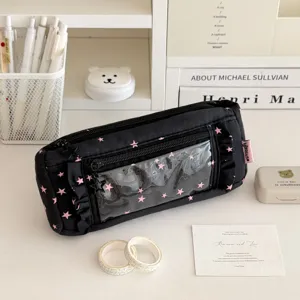 Cute black pencil pouch with pink stars and clear window for student stationery and school supplies.
